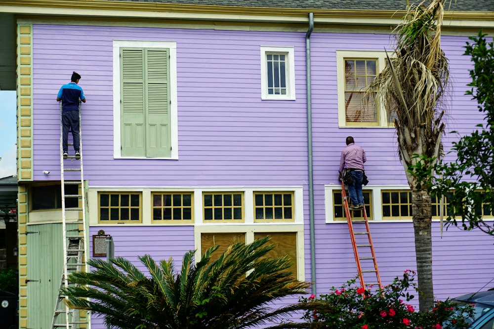 はしごを使って住宅の外壁を塗る職人(イメージ写真)